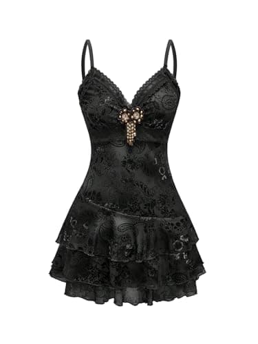 Verdusa Women's Y2k Gothic Dresses Vintage Boho Beaded Ruffle Lace Paisley Print Tiered Mini Dress Black Large