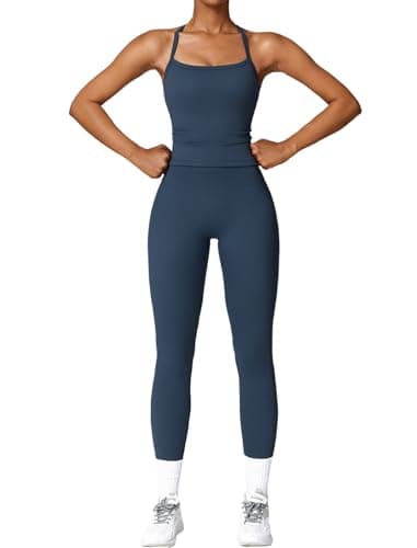 Womens Workout Sets Two Piece Seamless Stretch Cross Back Tank Top Matching Tummy Control High Waist Leggings Set 2 Piece For Women Gym Yoga Active Wear Outfits Athletic Work Out Clothes Dark Blue S
