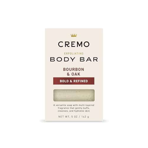 Cremo Exfoliating Body Bar for Men, Bourbon & Oak Scent, Multi-Layered Fragrance That Buffs, Cleanses and Hydrates Skin, 5oz