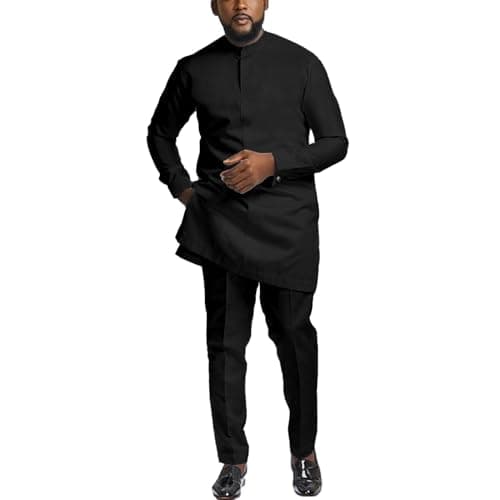 African Suits for Men Slim Fit Dashiki Long Sleeve Shirt and Pant 2 Piece Attire Traditional Outfits Black L