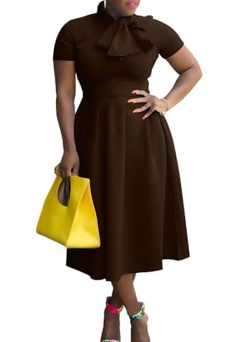 Memoriesea Women's Elegant Casual Short Sleeve Work Party A-Line Dress with Pockets Brown