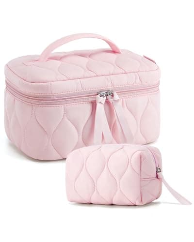 BAGSMART Travel Makeup Bag, 2-Piece Puffy Quilted Cute Make Up Bag Cosmetic Bags for Women, Large Wide-Open Toiletry Pouch Gifts for Toiletries Accessories Travelling Essentials, Pink