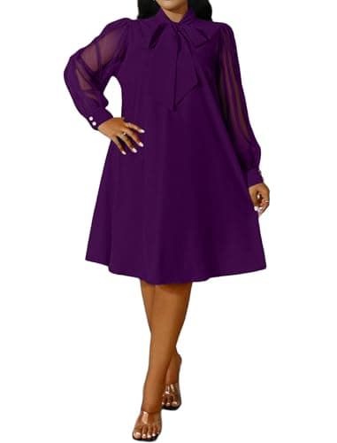 Ekaliy Women's Long Sleeve Shift Dress Bow Neck Knee Length Formal Dress for Cocktail Party Purple XL