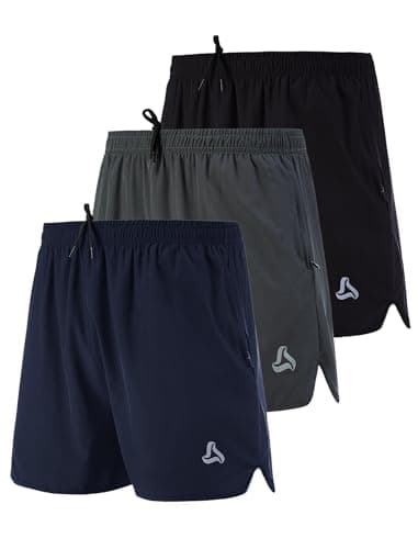 SILKWORLD Men's Running Stretch Quick Dry Shorts with Zipper Pockets(Pack of 3), Black, Deep Navy, Deep Grey, Medium