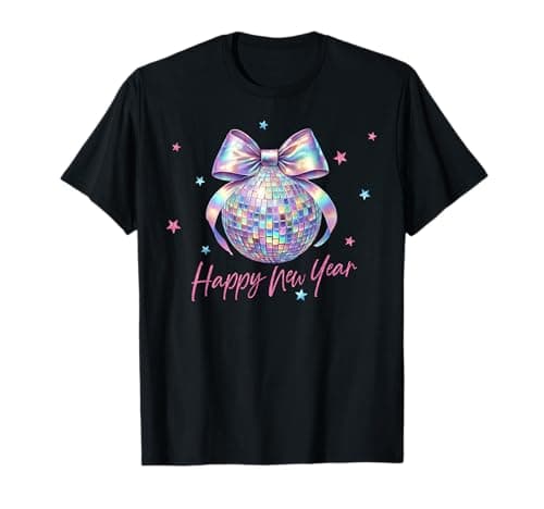Happy New Year Cute Pink Disco Ball Bow New Year's Eve Girls T-Shirt