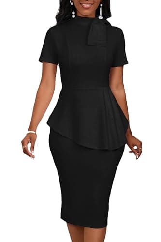 Church Dress for Women Fashion Peplum Bodycon Short Sleeve Work Dresses Bow Club Ruffle Pencil Formal Cocktail Dress Black XX-Large