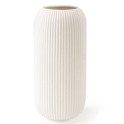 White Ceramic Vase for Flowers, 8 INCH Flower Vase Modern White Vase Home Decor, Small Vase, Ribbed Textured Vase for Pampas Grass Decorative Vase, for Farmhouse Coffee Table Bookshelf Home Living