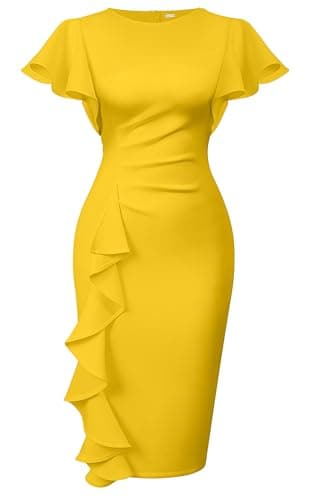 Memoriesea Women's Vintage Church Ruffle Sleeve Ruched Bodycon Work Midi Pencil Dress Yellow