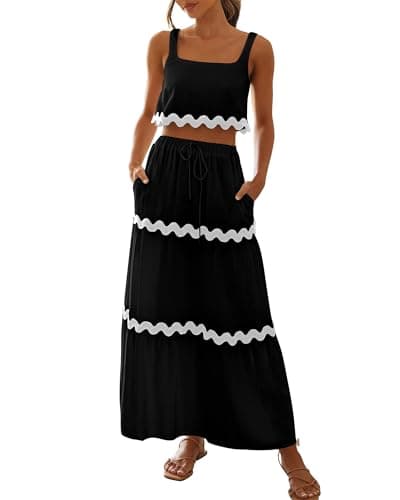 BTFBM Women Summer 2 Piece Beach Vacation Outfits Casual Sleeveless Crop Tops High Waisted Maxi Skirt Sets with Pocket(Black, Medium)