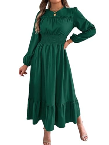 ChiaoLezhee Ruffle Maxi Dress for Women, Pleated A Line Flowy, Business Casual, Holiday Modest Long Sleeve Smocked Spring Fall Church Dresses, Green, Small