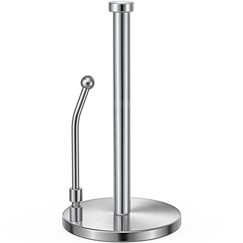 SMARTAKE Paper Towel Holder, Paper Towel Dispenser Standing Weighted Base Non Slip, Spring Arm for Easy Tear, Stainless Steel Paper Towel Holder for Home Kitchen Countertop Tabletop, Silver