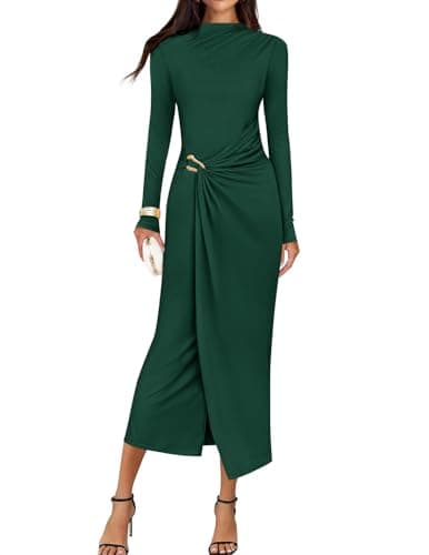 ZESICA Women's 2026 Fall Long Sleeve Bodycon Dress Mock Neck Wedding Guest Cocktail Party Long Midi Dresses,Green,Medium