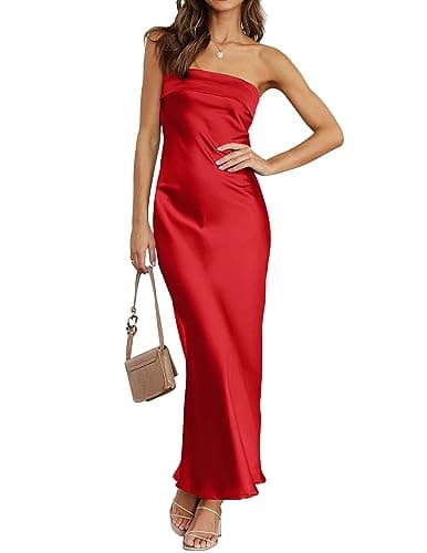 MEROKEETY Women Strapless Satin Tube Bodycon Dress Backless Cutout Cocktail Party Maxi Dress Red, Small