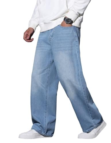 QGRSWBC Mens Baggy Jeans Loose Fit Denim Jeans Wide Leg Hip Hop Pants Y2K Skater Trousers Streetwear Blue L