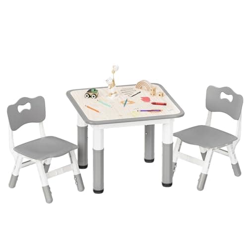 Pterying Kids Table and Chairs Set - 23.6" L x 23.6" W Height Adjustable Toddler Desk, Non-Slip Kids Table with Graffiti Desktop for Ages 2-8, for Home Preschool Classroom Daycare, Grey