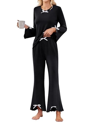 Blooming Jelly Womens Pajama Sets Flare Long Sleeve Loungewear Set With Pockets Soft Plus Size Matching Sets(Black, Large)