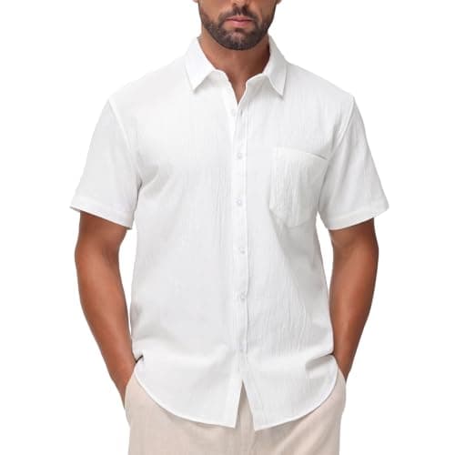 SIR7 Mens Summer Short Sleeve Cotton Linen Shirts Casual Button Down Shirts Beach Vacation Wedding Tops White X-Large