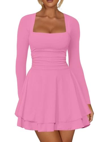 Kaximil Women's Square Neck Ruffle Hem Mini Dress Ruched Waist Long Sleeve Corset Short Party Dresses, Medium, Pink
