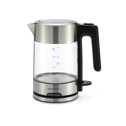 Amazon Basics Electric Kettle with Glass Carafe for Tea and Coffee, BPA-Free, Fast Boiling, Auto Shut-Off, 1.1 Quarts, 1500W, Glass and Steel