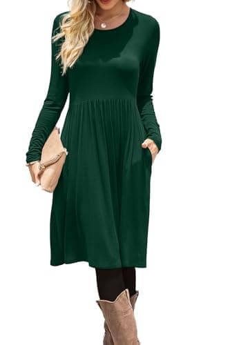 DB MOON Women Casual Long Sleeve Dresses Knee Length Loose Dark Green Dress with Pockets L