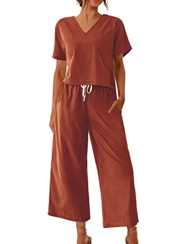 Ekouaer Women's 100% Cotton Linen Lounge Set Short Sleeve Top Wide Leg Pant Pajama Set Outfits,Clay,X-Large