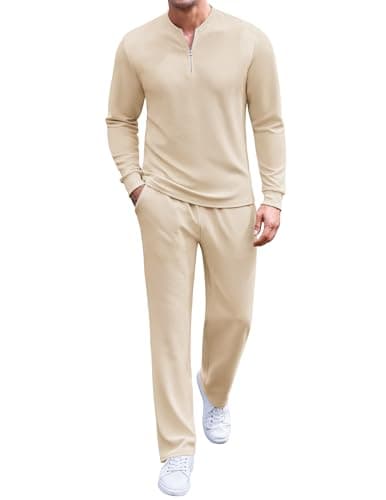 COOFANDY Men's Tracksuit 2 Piece Set Outfits Quarter Zip Polo Sweatsuit Athletic Long Sleeve Casual Sports Jogging Beige