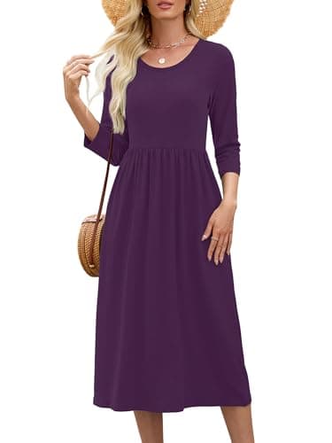 Heymoments Ladies Dresses Violet Purple Large Wedding Guest Crewneck 3/4 Sleeves A line Casual Flowy Swing Cocktail Slimming Birthday Party Spring Fall Winter Travel Long Midi Dresses