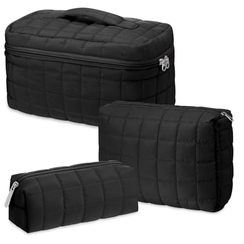 Huhumy 3 Pcs Large Puffy Makeup Bag Set Quilted Cosmetic Pouch for Women Cute Checkered Travel Toiletry Bag Puffer Makeup Organizer Purse Pouch Preppy Pencil Case with Zipper Christmas Gift(Black)