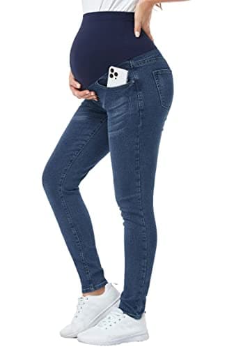 PACBREEZE Women's Maternity Jeans Over Belly Skinny Stretchy Denim Pants Comfy Slim Pregnancy Pants (Dark Blue, Medium)