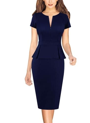 VFSHOW Womens Work Business Office Front Zipper Peplum Bodycon Dresses Elegant Short Sleeve Slim Church Pencil Sheath Dress (Navy Blue, Large) 11095 BLU L