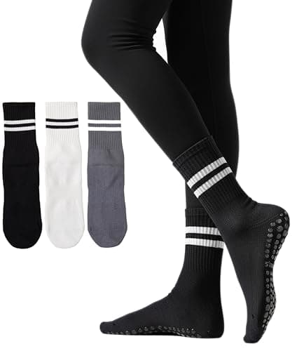 Irisbear Womens Pilates Socks with Grips Non Slip Yoga Socks Barre Hospital Athletic Grippy Socks for Women 3 PACK BLACK WHITE GRAY