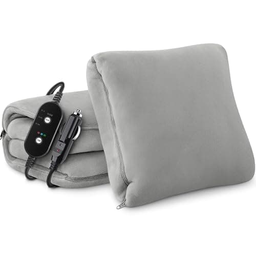 Sino Salected Car Heated Blanket, 12/24V Portable Heated Blanket for Car, Machine Washable Flannel Travel Blanket, 3 Heating Levels, 60x44 Inches, 4-in-1 Design, Convenient Storage for Camping,Grey