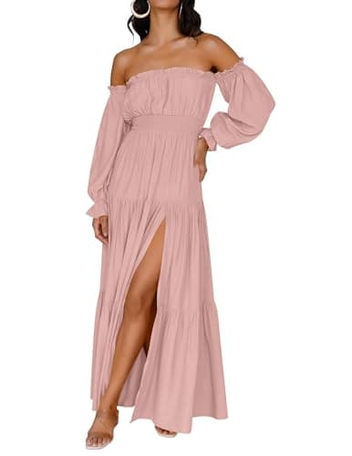 ZESICA Women's 2025 Boho Sexy Off Shoulder Long Sleeve Smocked High Waist Side Split Flowy A Line Tiered Long Maxi Dress,Pink,Large