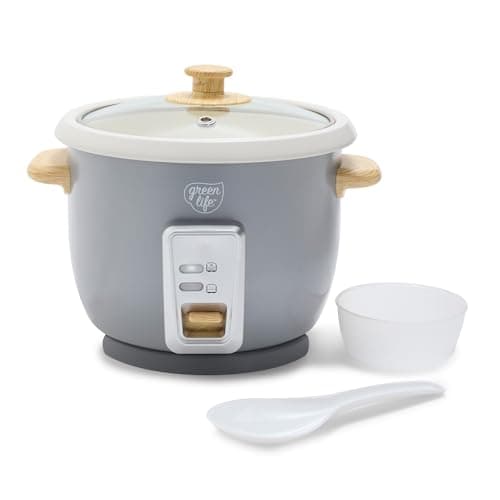 GreenLife Rice Cooker with Removable PFAS-Free Nonstick Pot, 3-Cups Uncooked/6-Cups Cooked, One-Switch Design, Auto Keep Warm Function, Soup, Grains, Oatmeal, Wood Handle, Gray