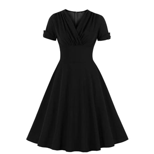 Wellwits Women's Ruched Wrap Work Cocktail Vintage Dress Black M