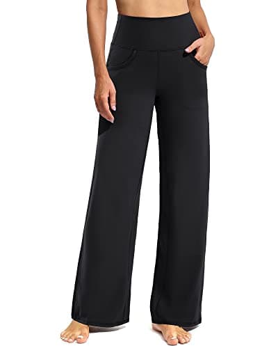 Promover Petite Wide Leg Black Pants for Women Stretchy Yoga Pants with Pockets High Waist Dress Work Pants(Black,M,28")