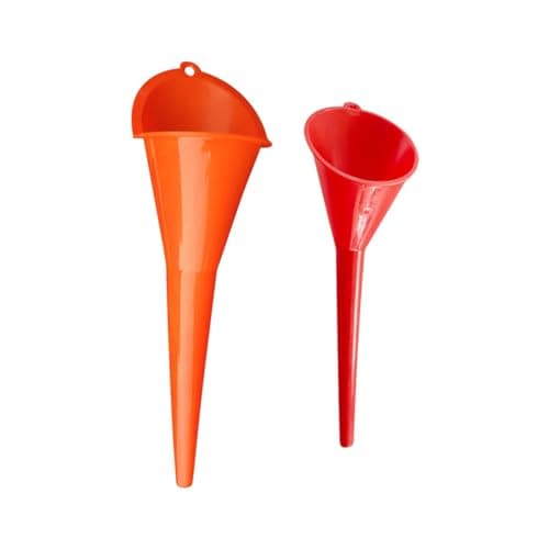 2PCS Long Neck Oil Funnel, Multi-Purpose Spill Saver Funnel, Plastic Funnel for Filling Automotive Oils Lubricants Engine Oils Water Diesel Fuel Kerosene and Other Liquids (1 Red + 1 Orange)