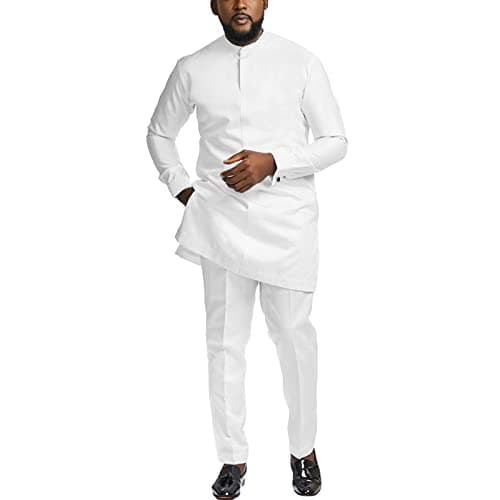 African Suits for Men Slim Fit Dashiki Long Sleeve Shirt and Pant 2 Piece Attire Traditional Outfits White L