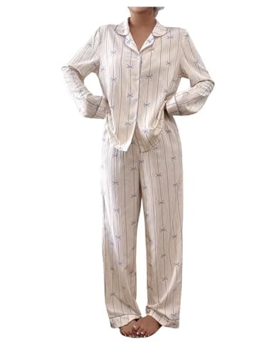 SHENHE Women's Bow Pajamas Set 2 Piece Long Sleeve Button Down Pjs Striped Long Pants Lounge Set Purple Small