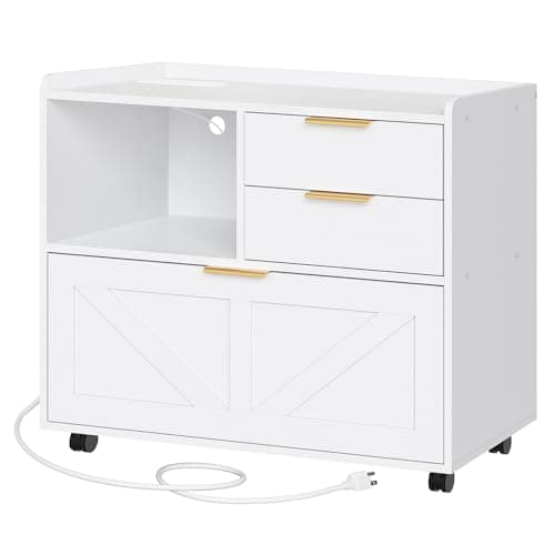 HOOBRO Lateral File Cabinet, Wooden Office Storage Drawers with Charging Station, Filing Cabinet for Home Office, A4/Letter/Legal-Sized Files, Printer Stand with Open Storage Spaces, White WT37UWJ01
