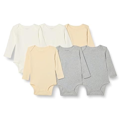 Amazon Essentials Unisex Babies' Long-Sleeve Bodysuits, Pack of 6, Beige/Light Grey Heather/White, 18 Months