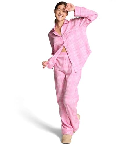 Victoria's Secret PINK Flannel Pajama Set, Long Sleeve Button Down Shirt & Pants Set, Sleepwear for Women, Moonstone Pink Plaid (L)