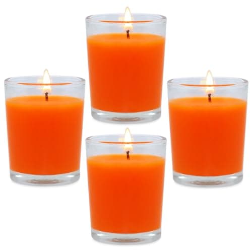 4 Packs Unscented Orange Votive Candles in Glass, 2 Inch Natural Soy Wax Scentless Fall Harvest Autumn Candles for Halloween Thanksgiving Wedding Party Home Holiday Relaxation, 12-15 Hour Burning Time