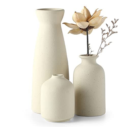 CEMABT Beige Ceramic vase Set-3 Small Flower vases for Decor,Modern Boho Farmhouse Home Decor,Decorative vase for Pampas Grass&Dried Flowers,idea Shelf,Table,Bookshelf ，Entryway- Distressed