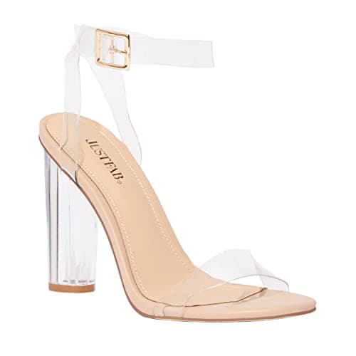 JustFab Women's Clear Chunky High Heels Sandals with Open Toe Ankle Strap Block Heels for Women Clear Shoes Dressy Perfect for Party and Dress Pumps - Hanna, 9