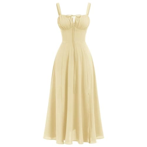 ABEHIK Summer Dress for Women 2024 Floral Corset Dress Boho Flowy Slit Bustier Lace Up Midi Dresses Going Out A Line Casual Sundress Adjustable Spaghetti Straps Bodycon Yellow L