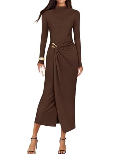 ZESICA Women's 2026 Fall Long Sleeve Bodycon Dress Mock Neck Wedding Guest Cocktail Party Long Midi Dresses,Brown,Medium