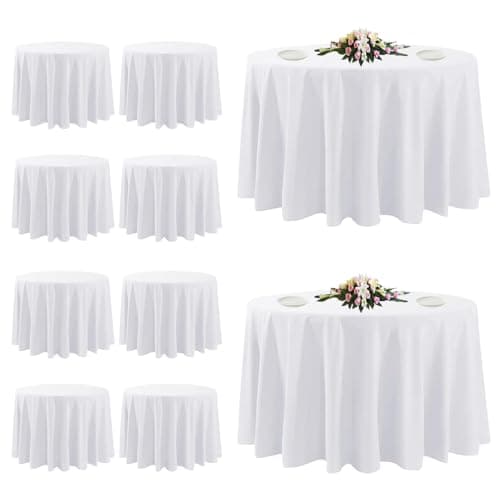 10 Pack White Round Tablecloths, 120 Inch Stain Resistant and Wrinkle Polyester Fabric Washable Table Clothes Cover for Kitchen Dining, Wedding, Reception Banquet, Birthday Party, Buffet Restaurant