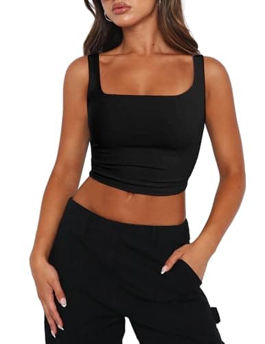 Zeagoo Womens Cropped Tank Tops 2026 Summer Square Neck Double Layer Slim Fitted Trendy Crop Top Black