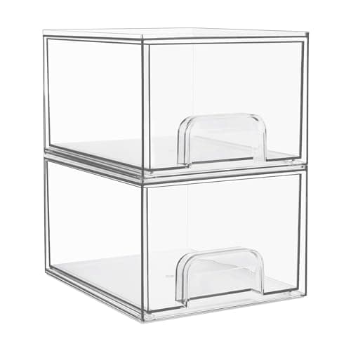 Vtopmart 2 Pack Clear Stackable Storage Drawers, 4.4'' Tall Acrylic Bathroom Makeup Organizer,Plastic Storage Bins For Vanity, Undersink, Kitchen Cabinets, Pantry, Home Organization